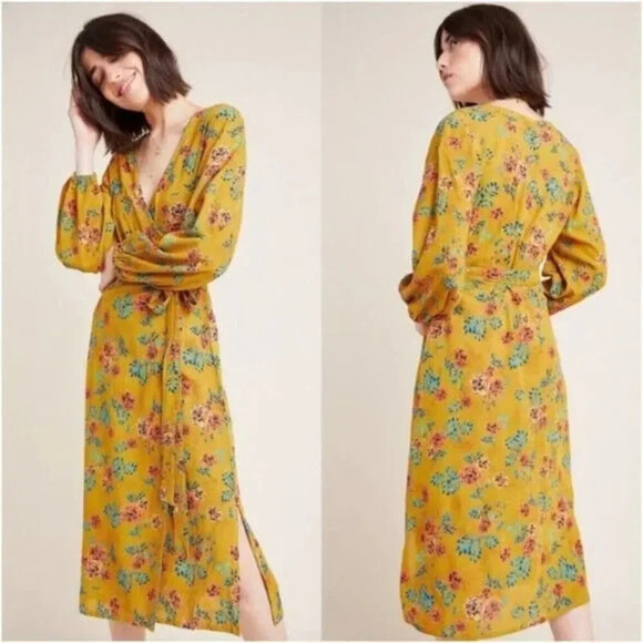 Faithfull The Brand Anthropologie Le Figuaro Floral Wrap Dress Size 2 Yellow - Picture 1 of 12